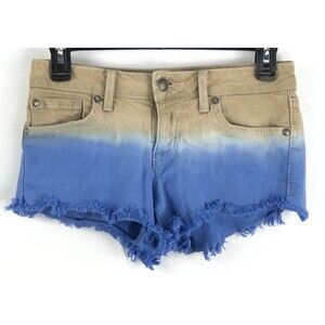 Vintage Cut Off Jean Shorts 25 Blue/Tan Ombre 5 Pocket Strech Fringe Low Rise